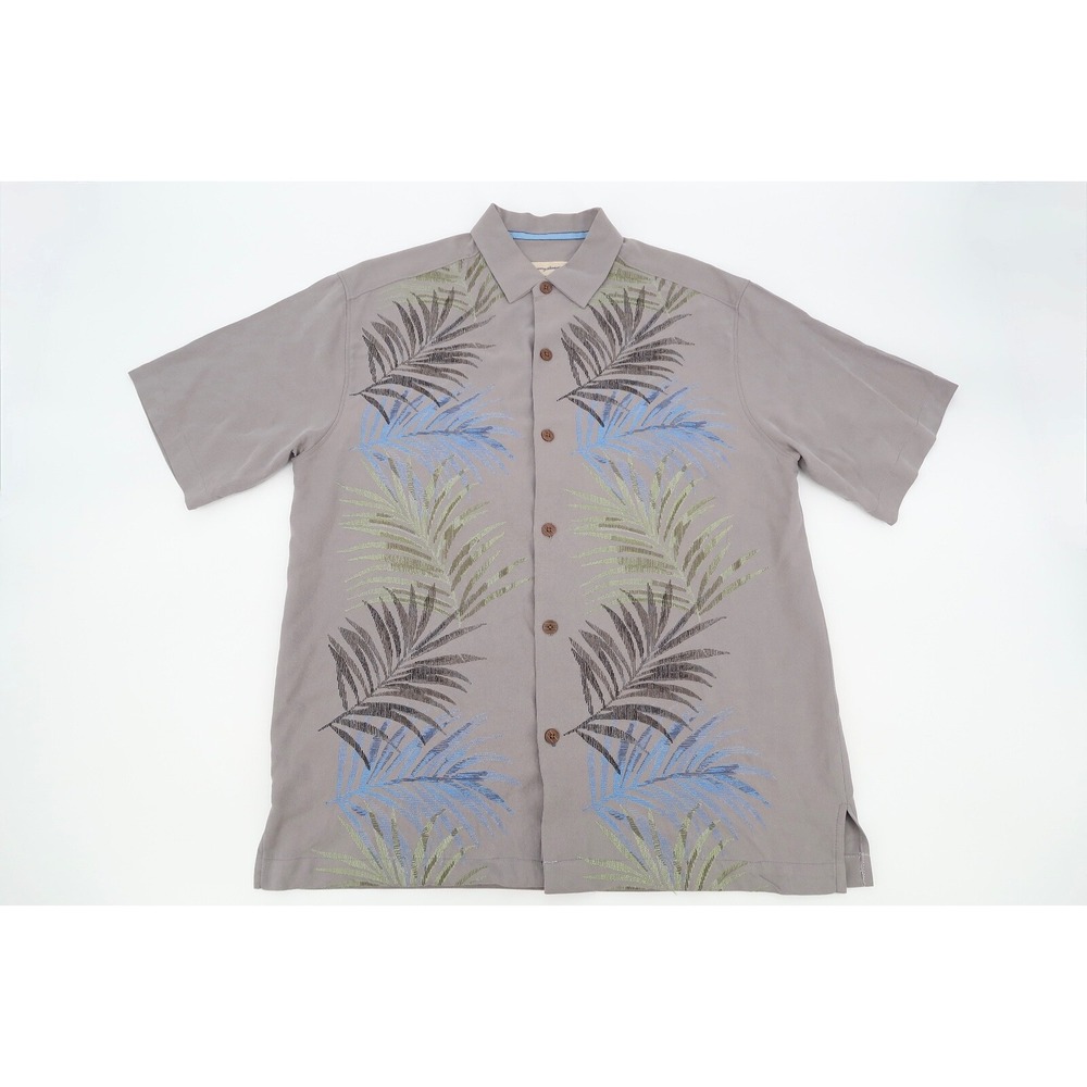 Tommy Bahama Mens Medium Gray Silk Embroidered Palm Floral‎ Hawaiian Camp Shirt